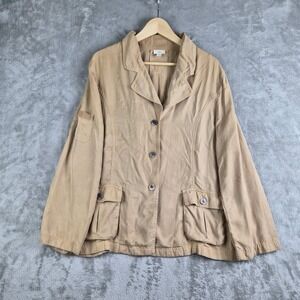 J Jill Jacket Womens Medium Tan Camel Tencel 3 Buttons Flap Pockets Safari Barn